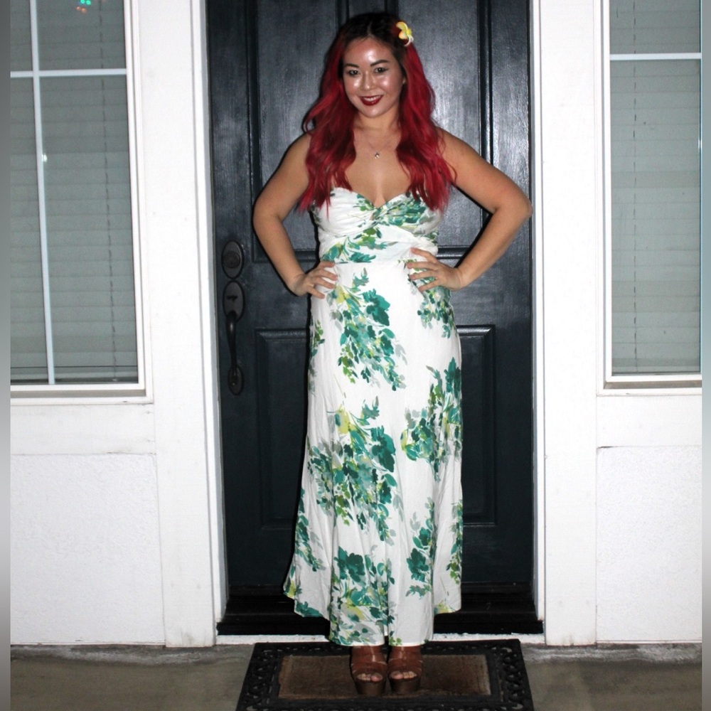 (SOLD) White and Green Floral Strapless Dress with Twist Front
